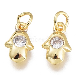 Brass Cubic Zirconia Charms, with Jump Ring, Hamsa Hand/Hand of Fatima/Hand of Miriam, Clear, 8.5x5.5x2.5mm, Hole: 1.5mm, Jump rings: 3.5x0.8mm(KK-M206-22G-04)
