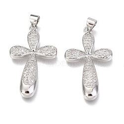 Brass Micro Pave Clear Cubic Zirconia Pendants, Cross, Real Platinum Plated, 31x19x3mm, Hole: 3mm(ZIRC-O038-09P)