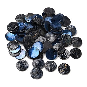 Spray Painted Natural Akoya Shell Charms, Mother of Shell, Flat Round Charms, Prussian Blue, 13x1.5mm, Hole: 1mm