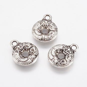 Alloy Charms, Disc with Dragon, Antique Silver, 15x12x2.5mm, Hole: 2mm