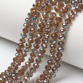 Electroplate Glass Beads Strands, Half Plated, Rainbow Plated, Faceted, Rondelle, Sienna, 4x3mm, Hole: 0.4mm, about 123~127pcs/strand, 16.5~16.9 inch(42~43cm)