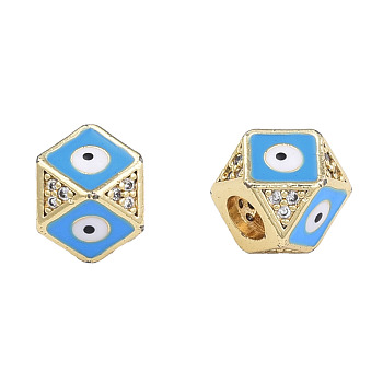 Brass Micro Pave Clear Cubic Zirconia Beads, with Enamel, Real 18K Gold Plated, Octagon with Evil Eye, Nickel Free, Deep Sky Blue, 11x11x8.5mm, Hole: 4mm