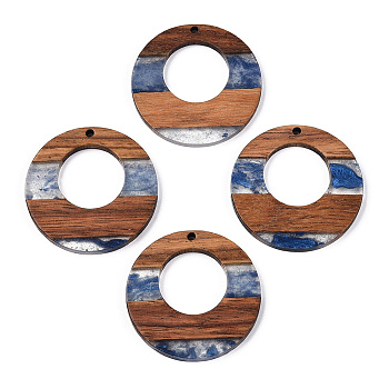 Transparent Resin & Walnut Wood Pendants, Donut Charms, Royal Blue, 38x3.5mm, Hole: 2mm