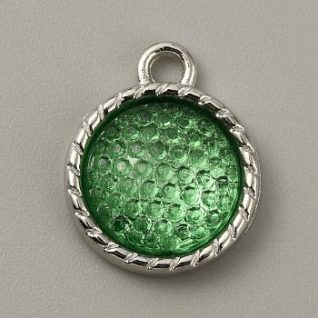 Plastic Pendants, May Birthstone Charms, with Alloy Cabochon Settings, Flat Round, Dark Green, 18.5x15x5mm, Hole: 2.5mm