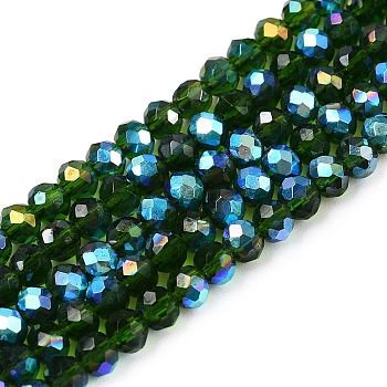 Electroplate Glass Beads Strands, Half Rainbow Plated, Faceted, Rondelle, Dark Green, 3.5~3.8x3mm, Hole: 0.4mm, about 113~115pcs/strand, 32.5~33cm