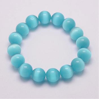 Cat Eye Beads Stretch Bracelets, Round, Sky Blue, 1-7/8 inch(49mm)
