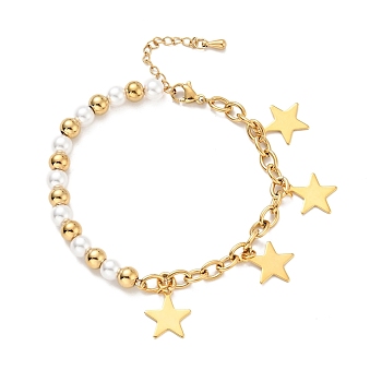 201 Stainless Steel Star Charm Bracelet, Plastic Pearl Beaded Bracelet with Vacuum Plating 304 Stainless Steel Cable Chains for Women, Golden, 7-1/2 inch(19cm)