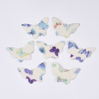 PU Leather Pendants, with Double Sided Glitter Powder, Butterfly, Light Goldenrod Yellow, 32.5x48x1.5~2mm, Hole: 2.5mm