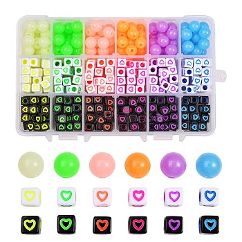 450pcs 18 Colors Opaque Acrylic European Beads, Large Hole Beads, Cube with Heart & Round, Mixed Color, 7x7x7mm, Hole: 4mm