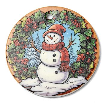 Christmas Handmade Printed Porcelain Big Pendants, Flat Round Charm, Snowman, 76x3.5mm, Hole: 5mm
