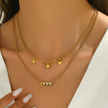 Stainless Steel Crystal Rhinestone Heart Double Layer Necklaces for Women, Golden, 16.14 inch(41cm)