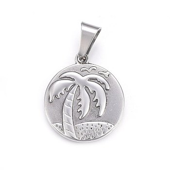 304 Stainless Steel Pendants, Flat Round with Coconut Tree, Stainless Steel Color, 28.5x25x3mm, Hole: 10x6mm