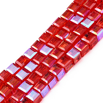 Electroplate Transparent Glass Beads Strands, Faceted, Cube, Red, 7x7x6.5mm, Hole: 1.2mm, about 100Pcs/strand, 25.98 inch(66cm)