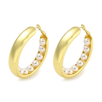 Rack Plating Brass with ABS Plastic Pearl Hoop Earrings for Women, Cadmium Free & Lead Free, Long-Lasting Plated, Real 18K Gold Plated, 51x10mm