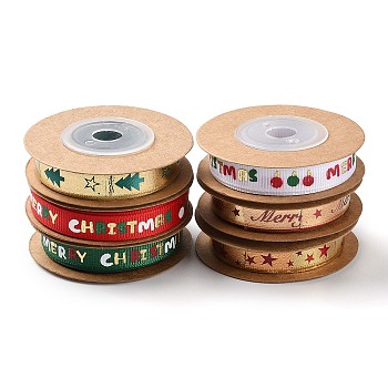 6 Rolls 6 Styles Christmas Hot Stamping Polyester Ribbons, Including Satin Ribbons and Grosgrain Ribbons for Crafts, Gift Package, Flat, Mixed Color, 3/8 inch(10mm), about 5.47 Yards(5m)/Set, 1 roll/style