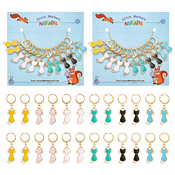 Alloy Enamel Cat Charm Locking Stitch Markers, with Gold Tone 304 Stainless Steel Leverback Earring Findings, Mixed Color, 3.6cm, 6 colors, 2pcs/color, 12pcs/set