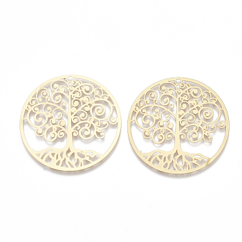 Brass Pendants, Etched Metal Embellishments, Matte Style, Flat Round with Tree, Matte Gold Color, 35x0.3mm, Hole: 1.6mm