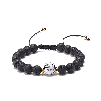 Natural Lava Rock & Acrylic Braided Bead Bracelet, Essential Oil Gemstone Jewelry for Men Women, Volleyball Pattern, Inner Diameter: 2-1/8~3-5/8 inch(5.5~9.3cm)
