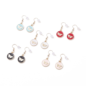 Flat Round with Butterfly Enamel Dangle Earrings, Brass Drop Earrings for Women, Mixed Color, 38mm, Pin: 0.7mm