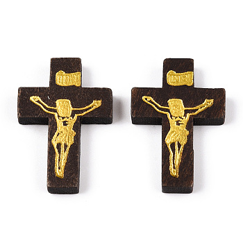 Printed Wooden Pendants, Crucifix Cross, For Easter, Dyed, Coconut Brown, 32.5~33.5x21~22x4.5mm, Hole: 2mm