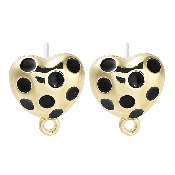 Golden Alloy Enamel Stud Earring Finding Accessories, Heart, Black, 12x11mm, Hole: 1.4mm, Pin: 0.7x13mm