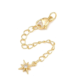 Brass Micro Pave Cubic Zirconia Ends with Chain, Star, with Stainless Steel Clasp, Real 18K Gold Plated, 71mm