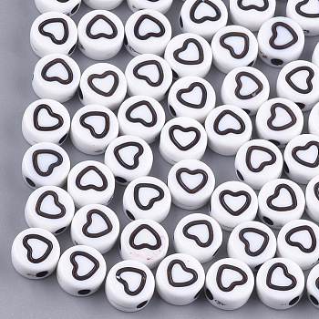 Craft Style Acrylic Beads, Flat Round with Heart, White, 7x3.5mm, Hole: 1.5mm, about 4000~4400pcs/500g
