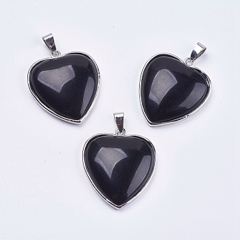 Natural Black Agate Pendants, with Brass Findings, Heart, Platinum, Cadmium Free & Lead Free, 36x31x7mm, Hole: 4x8mm