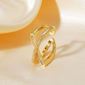 Hip-hop Style X-shaped Brass Micro Pave Clear Cubic Zirconia Cuff Rings for Women, Golden, Inner Diameter: 24mm