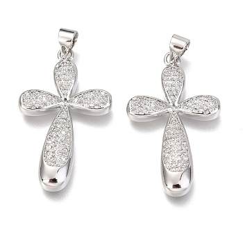 Brass Micro Pave Clear Cubic Zirconia Pendants, Cross, Real Platinum Plated, 31x19x3mm, Hole: 3mm