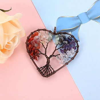 Copper Wire Gemstone Big Pendants, Heart Tree of Life Charms, Red Copper, 50mm