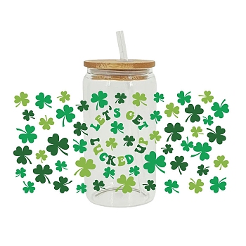 Saint Patrick's Day Theme PET Clear Film Clover Rub on Transfer Stickers for Glass Cups, Waterproof Cup Wrap Transfer Decals for Cup Crafts, Green, 110x230mm