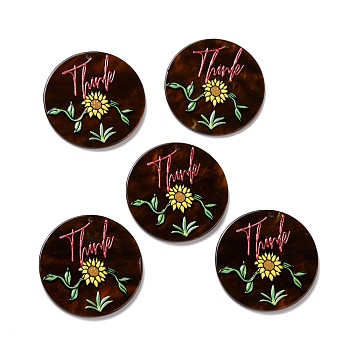 Printed Opaque Acrylic Pendants, Flat Round with Flower Pattern, Coconut Brown, 38x2.5mm, Hole: 1.5mm