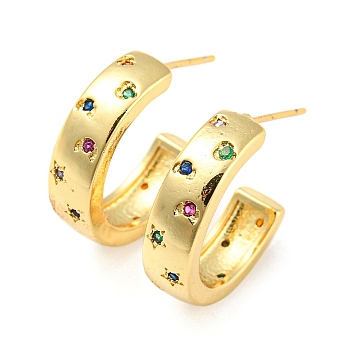 Rack Plating Brass C Shape Stud Earrings with Colorful Cubic Zirconia, Half Hoop Earrings for Women, Cadmium Free & Lead Free, Long-Lasting Plated, Real 18K Gold Plated, 19.5x5.5mm