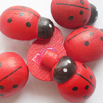Cartoon Ladybug Buttons, Wooden Buttons, Red, about 24mm long, 17mm wide, 8mm thick, 250pcs/bag