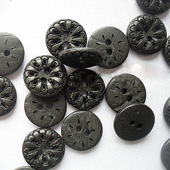 Carved 2-Hole Basic Sewing Buttons, Coconut Buttons, Black, 13mm