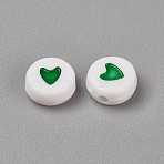 Acrylic Enamel Beads, Flat Round with Heart, Green, 6x3.5mm, Hole: 1.5mm(OACR-WH0003-04B)