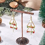 Brass Shell Pearl Bead Dangle Earrings, with Electroplate Glass Beads & 304 Stainless Steel, Christmas Trees, Golden, 68x20.5mm(EJEW-TA00670)