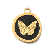 PVD Vacuum Plating 201 Stainless Steel Pendants, with Enamel, Flat Round with Butterfly Charm, Real 18K Gold Plated, Black, 18x15x1.5mm, Hole: 1.8mm(STAS-C111-25G)