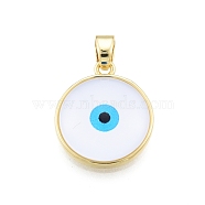 Glass Pendants, with Golden Plated Brass Findings, Flat Round with Evil Eye, White, 19x16.5x5mm, Hole: 5x3.5mm(KK-I691-04G)