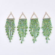 Tassel Big Pendants, with Glass Beads, Crystal Rhinestone and Golden Plated Brass Findings, Green, 95~107x23.5mm, Hole: 1.2mm(FIND-S319-21C)