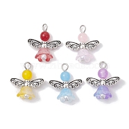 Natural Dyed Malaysia Jade & Glass Pendants, Flower Angel Charms with Alloy Wings, Mixed Color, 23.5x21.5x11mm, Hole: 2.8mm, 10pcs/set(PALLOY-JF02661-01-S)