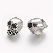 304 Stainless Steel Beads, Skull, Large Hole Beads, Antique Silver, 18x11.5x13mm, Hole: 4mm(STAS-A032-074AS)