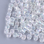 Glass Bugle Beads, Transparent Colours Rainbow, Round Hole, Clear AB, 7~7.5x6~6.5mm, Hole: 2.5mm, about 800pcs/bag(SEED-S024-03B-01)
