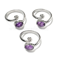 Natural Amethyst Adjustable Rings, with Platinum Brass Findings, Long-Lasting Plated, Jewely for Women, Oval, Adjustable(RJEW-K269-08P-04)