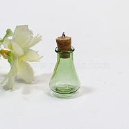 Empty Small Glass Cork Vase Pendants, Wishing Bottle Charms with Platinum Plated Iron Loops, Lime Green, 16x27mm(PW-WG72592-13)