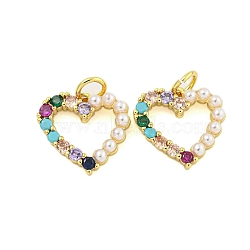 Heart Rack Plating Brass Micro Pave Cubic Zirconia Charms, with Glass Pearl, Cadmium Free & Lead Free, Long-Lasting Plated, Real 18K Gold Plated, Colorful, 13x14x2.5mm, Hole: 3.5mm(KK-U021-13B-G)