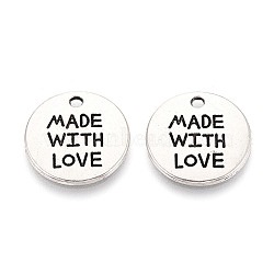 Tibetan Style Alloy Pendants, Flat Round with Word Made With Love, Cadmium Free & Lead Free, Antique Silver, 19.5x2mm, Hole: 2mm, about 420pcs/1000g(TIBEP-S298-023AS-LF)