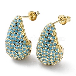 Cubic Zirconia Teardrop Stud Earrings, Real 16K Gold Plated Brass Earrings for Woman, Cyan, 20x12mm(EJEW-H137-01G-02)