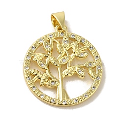 Brass Micro Pave Cubic Zirconia Pendants, Real 18K Gold Plated, Round with Tree of Life, Real 18K Gold Plated, 23x20.5x2.5mm, Hole: 5x3.5mm(KK-Z042-25G-03)